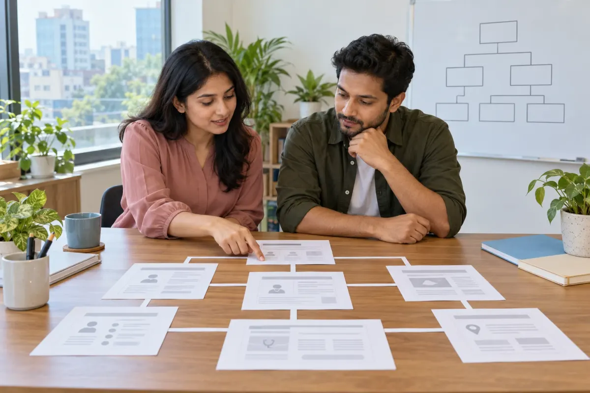 Two digital strategists review connected healthcare website page wireframes at an agency planning table.