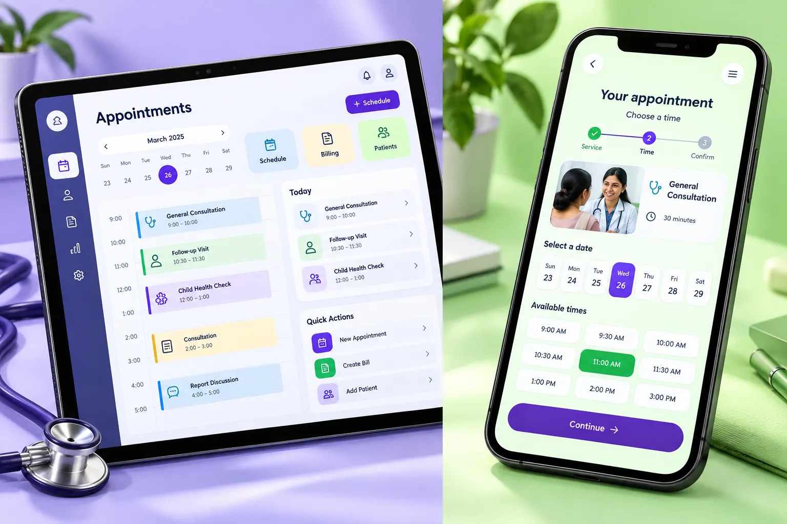 Clinic appointment dashboard with a calendar, billing and patient-management options on a tablet.