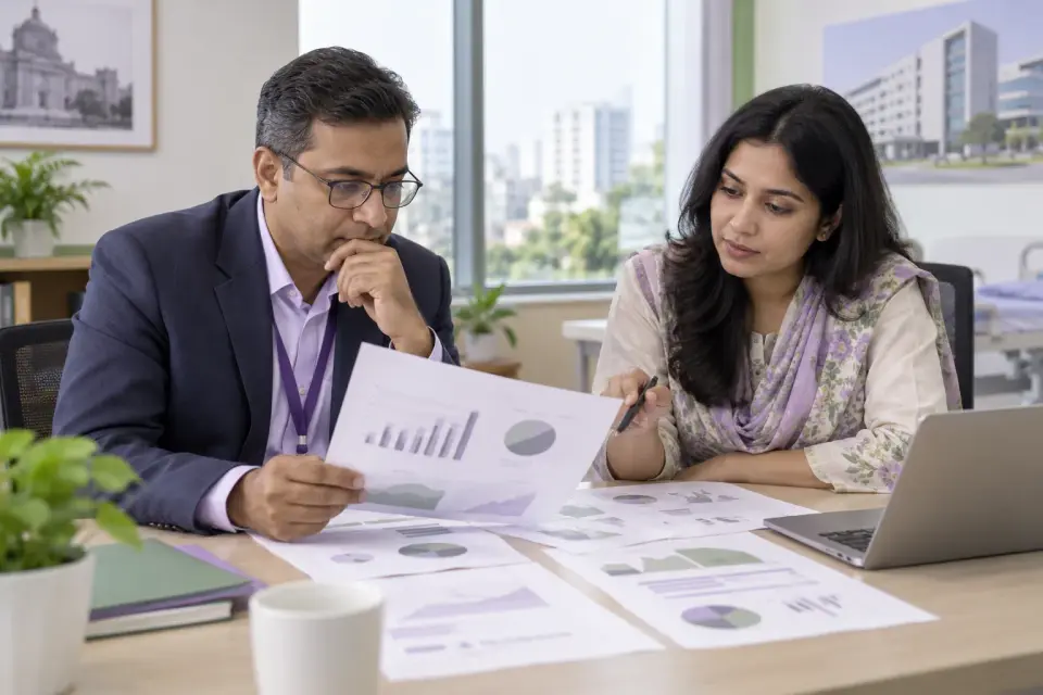 Healthcare manager and analyst discussing a privacy safe measurement plan Healthcare manager and analyst discussing a privacy safe measurement plan