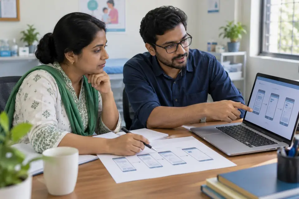 Clinic manager and website specialist reviewing a focused mobile contact journey Clinic manager and website specialist reviewing a focused mobile contact journey