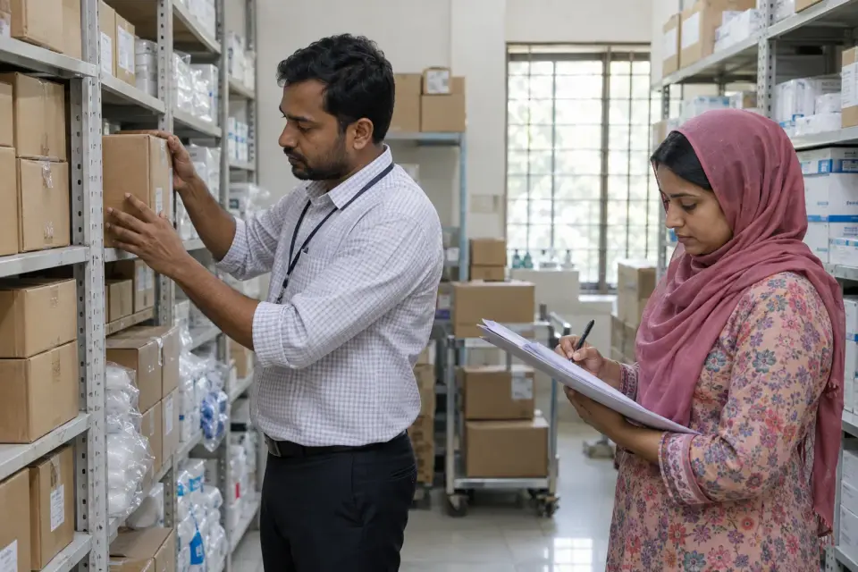 In a hospital supplies storeroom, a storekeeper and procurement staff count sealed boxes on orderly shelves while checking an unmarked stock sheet.