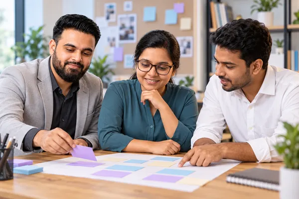 Hridoy Chowdhury and Monwara Moni arrange project priorities with a healthcare business owner at an agency meeting table.
