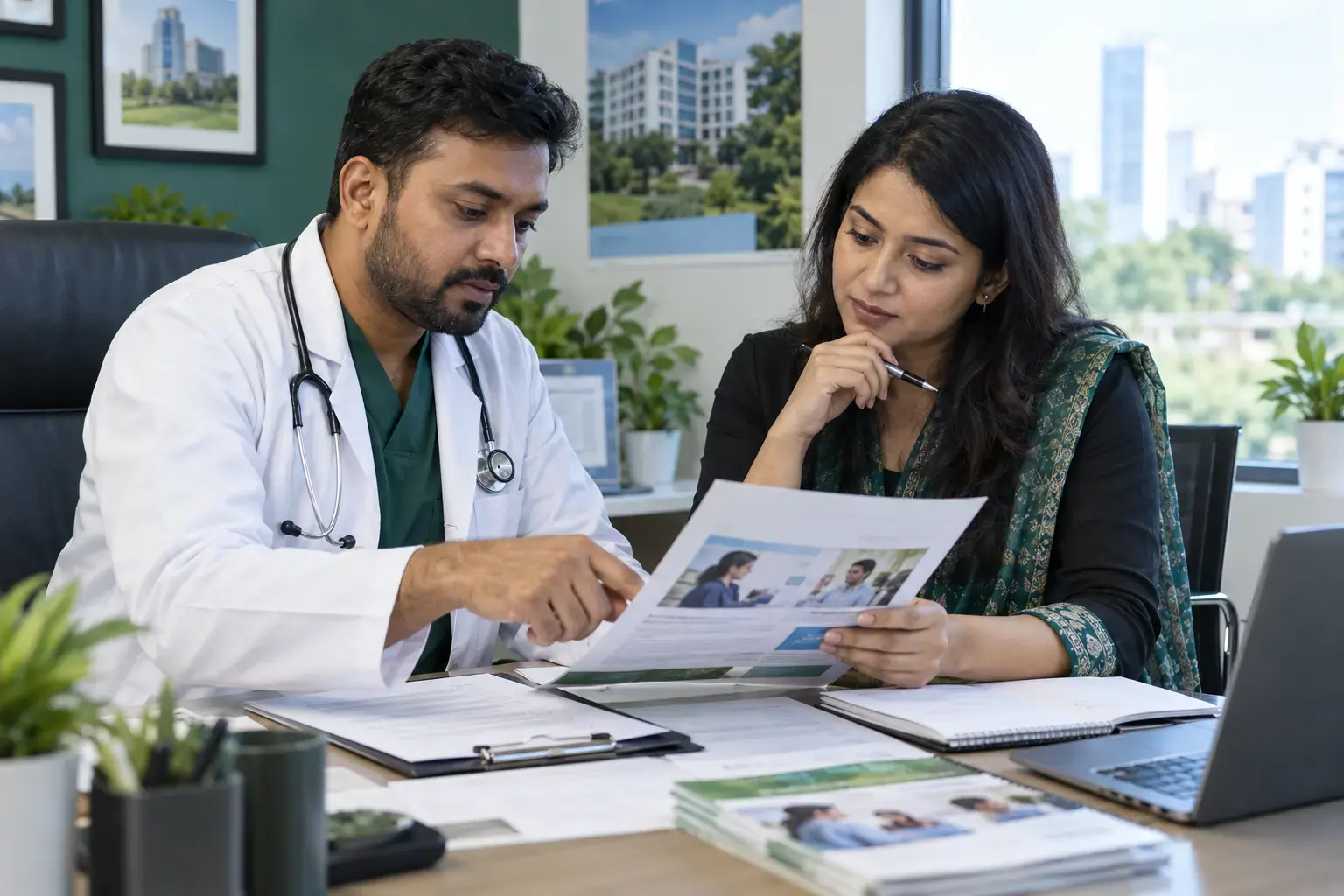 Clinician and strategist reviewing public healthcare information before approval Clinician and strategist reviewing public healthcare information before approval