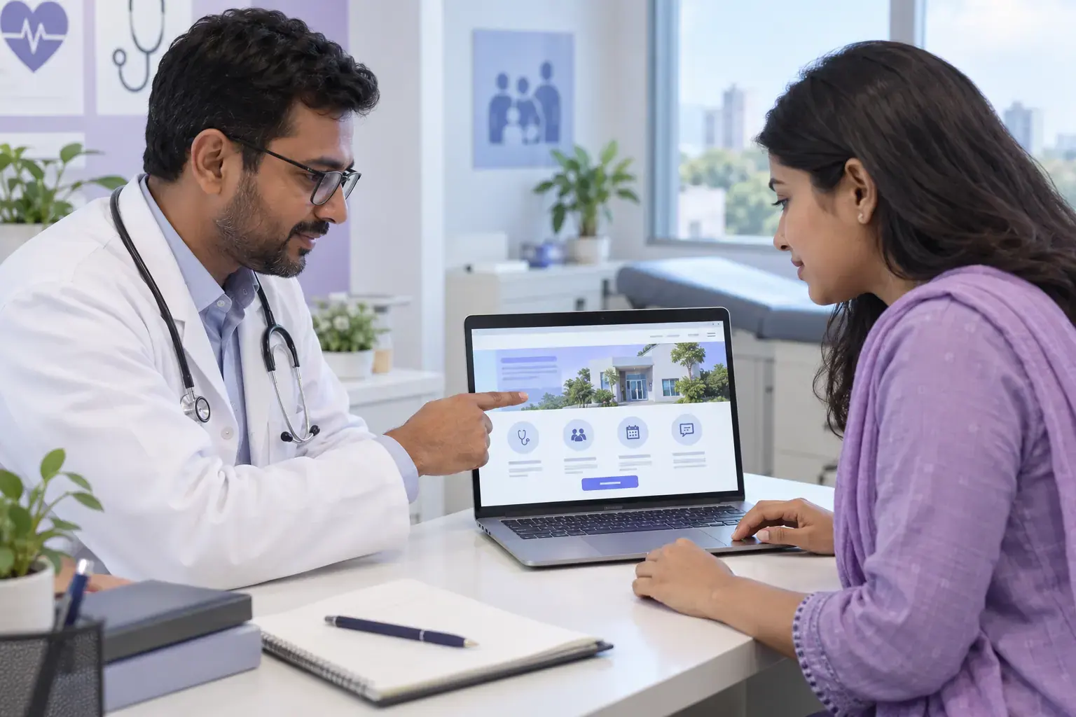 Doctor and website specialist checking public clinic information together Doctor and website specialist checking public clinic information together