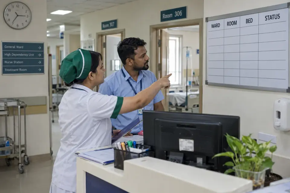 At a hospital nurse station, a ward coordinator checks available room signs and a plain bed-capacity board with a second staff member.