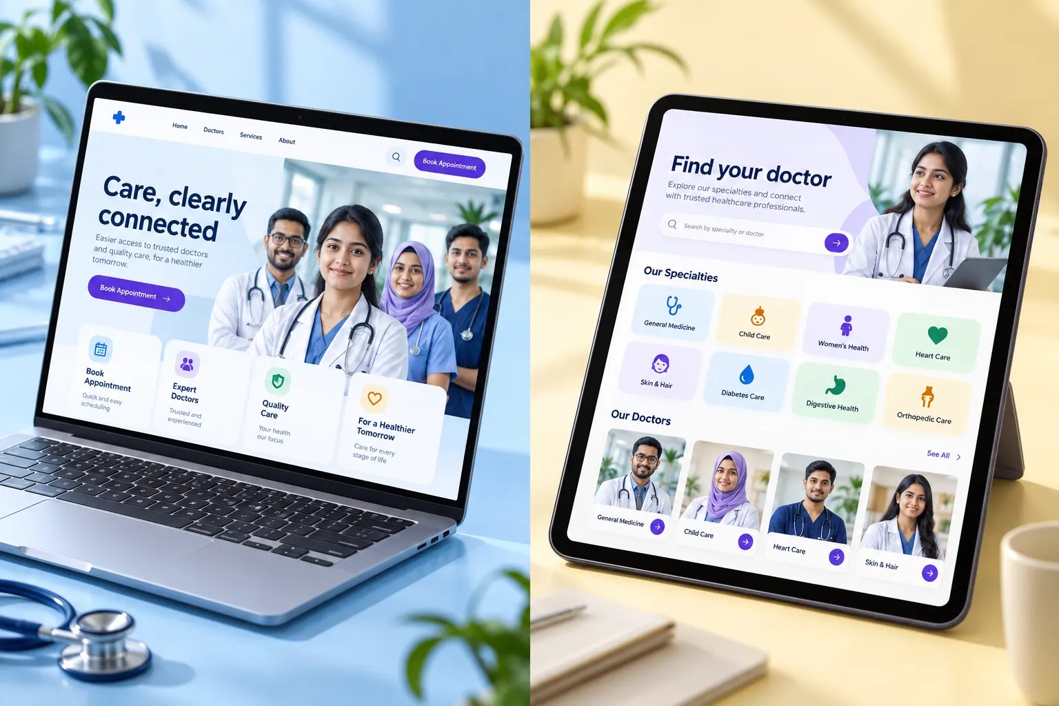 Healthcare website with a clinical team and appointment options displayed on a laptop.