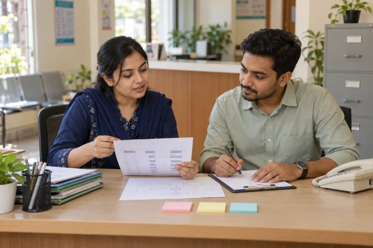 A clinic administrator and technology consultant review paper schedules and sketch an administrative workflow.